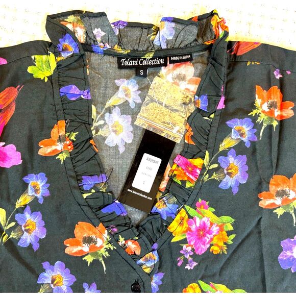 NWT Tolani Collection Cleo Top Black Floral Long Sleeve Ruffle Neck Shirt SMALL - Picture 3 of 9